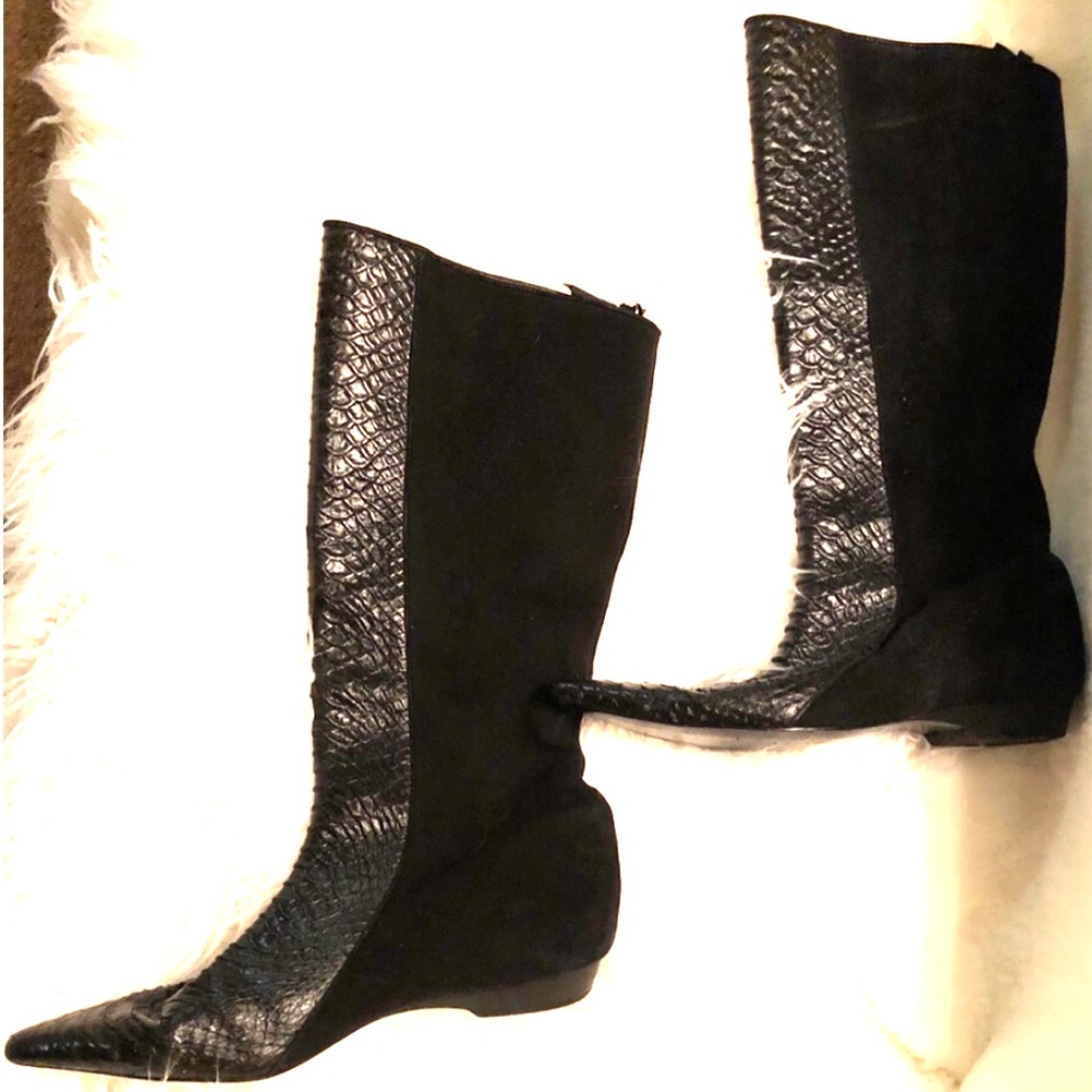 LADIES PULL ON SUEDE & LEATHER BLOCK BLACK BOOTS